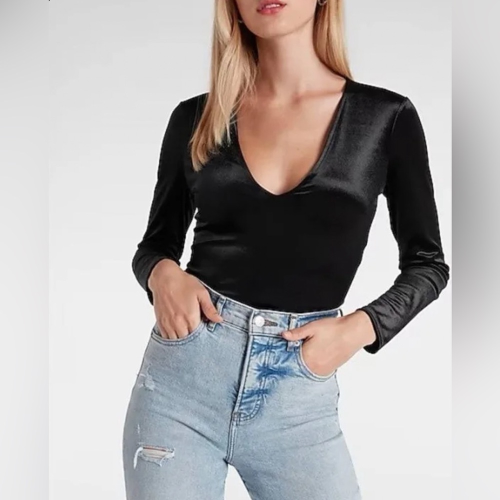 Express Black Velvet Deep V-Neck Thong Bodysuit